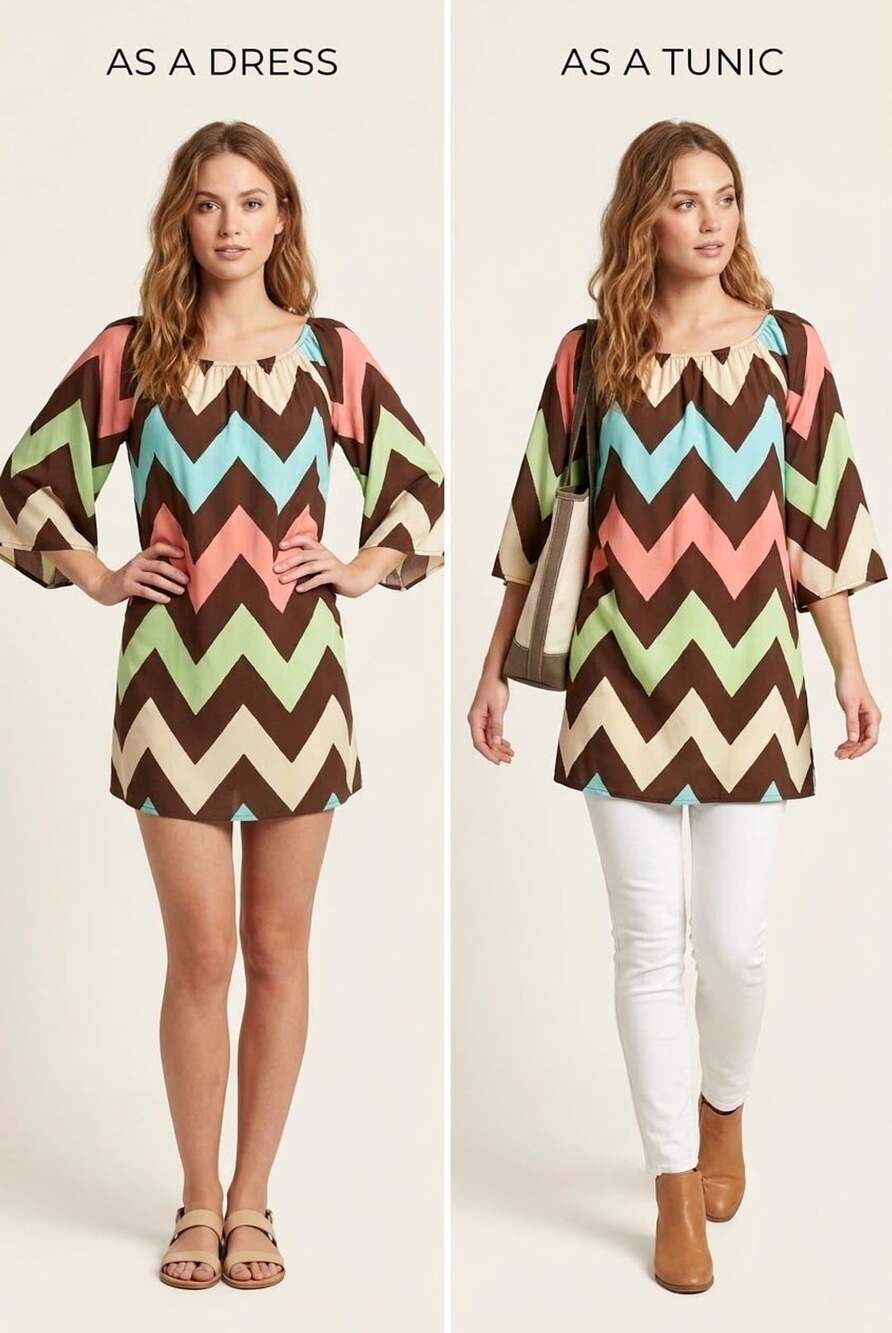 Auditions Multicolor Chevron Pattern Dress/Tunic in Brown Made in USA